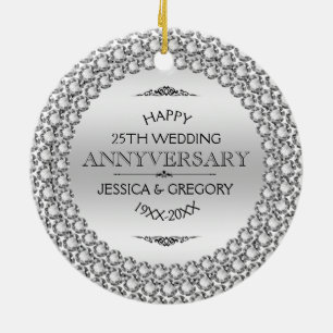 Ornamento De Cerâmica Happy 25th Wedding Anniversary Diamonds & Silver