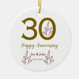 Ornamento De Cerâmica Happy 30th anniversary name date golden red leaf