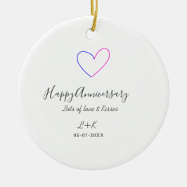 Ornamento De Cerâmica Happy anniversary pink blue heart name date simple