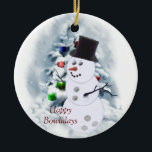 Ornamento De Cerâmica Happy Bowlidays Snowman<br><div class="desc">Feliz Bowlidays Snowman é muito fofo e será amado por todos os boliches. Esta design será uma batida na beco da boliche. Totalmente personalizável para personalizar com suas fotos e texto,  se quiser.</div>