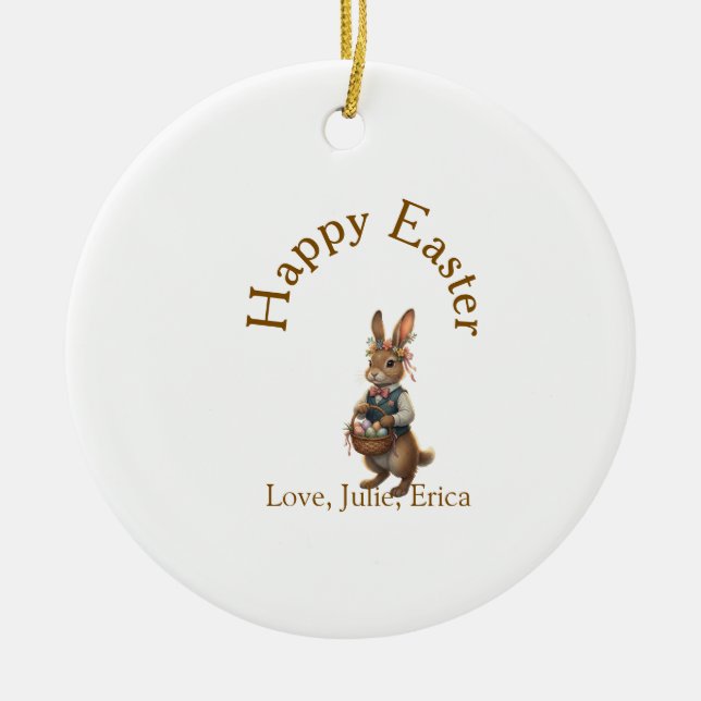Ornamento De Cerâmica Happy Easter brown bunny with eggs love add name  (Frente)