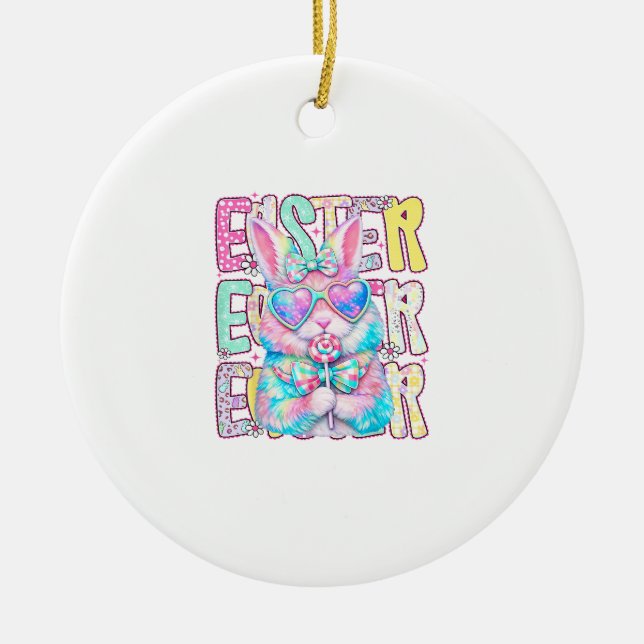 Ornamento De Cerâmica Happy Easter Bunny Coquette Bow Preppy Easter Day  (Frente)