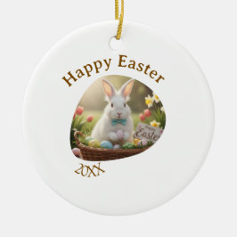 Ornamento De Cerâmica Happy Easter white bunny year photo family name 