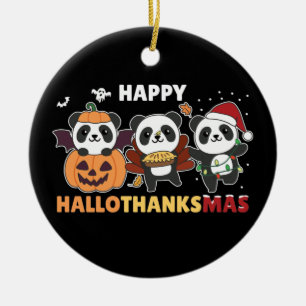 Ornamento De Cerâmica Happy Hallothanksmas Pandas Christmas Panda Cerami