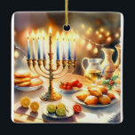 Ornamento De Cerâmica Happy Hanukkah<br><div class="desc">Ilustração de aquarela de Hanukkah. Uma mesa bem arrumada para uma comemoração festiva,  com uma menorah tradicional com velas iluminadas. Luz suave e quente,  enquanto decorações de férias adicionam um toque de alegria. Luzes quentes criando uma atmosfera acolhedora e convidativa.</div>