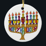 Ornamento De Cerâmica Happy Hanukkah Dreidels Menorah<br><div class="desc">Você está vendo a coleção de Design Lee Hiller. Roupa,  Ofertas e Coleções Lee Hiller Fotografia ou Coleção de Arte Digital. Você pode ver sua fotografia da Nature em http://HikeOurPlanet.com/ e seguir seu blog de caminhada no Hot Primavera National Park.</div>