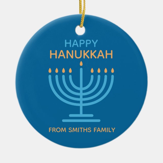 Ornamento De Cerâmica Happy Hanukkah Minimalist Blue Family Photo (Frente)