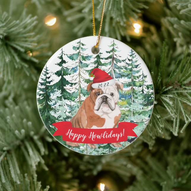 Ornamento De Cerâmica Happy Howlidays Inglês Buldogue Dog Christmas Orna (Árvore)
