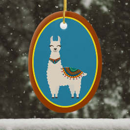Ornamento De Cerâmica Happy Llama no Blue