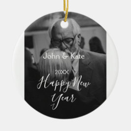 Ornamento De Cerâmica Happy new year couple photo name year black white 