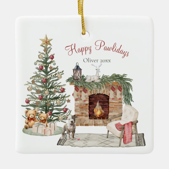 Ornamento De Cerâmica Happy Pawlidays Dog Design - Staffordshire Terrier (Frente)