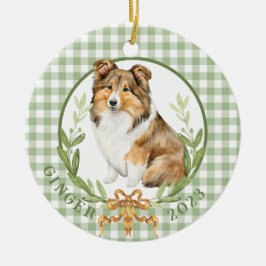 Ornamento De Cerâmica Happy Sheltie em Laurel Wreath