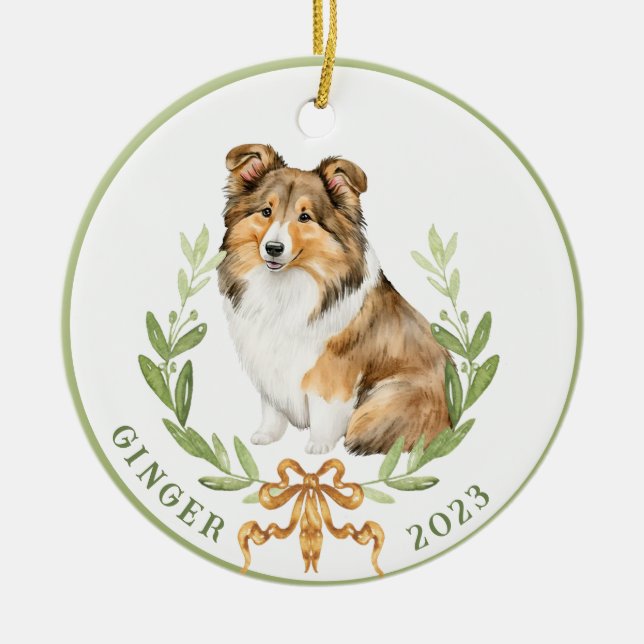 Ornamento De Cerâmica Happy Sheltie em Laurel Wreath (Frente)