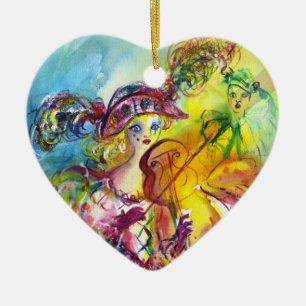 ORNAMENTO DE CERÂMICA HARLEQUINA BRINCANDO VIOLINA COM GATO