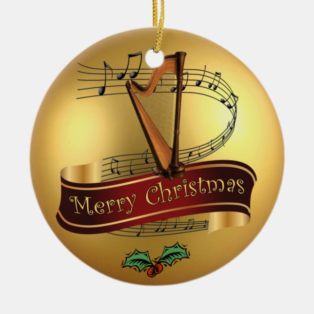 Ornamento De Cerâmica Harp do ~ musical do rolo do ~ o ~ Dourado do (Frente)