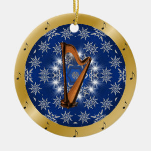 Ornamento De Cerâmica Harpa ~ Prata ~ Azul ~ Dourado ~ Natal ~