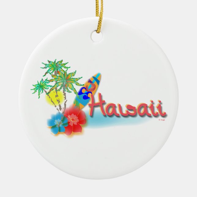 Ornamento De Cerâmica Havaí com palmas, flores e prancha (Frente)