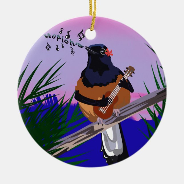 Ornamento De Cerâmica Hawaiai Shama Bird tocando ukulele (Frente)