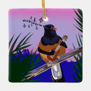 Ornamento De Cerâmica Hawaiai Shama Bird tocando ukulele