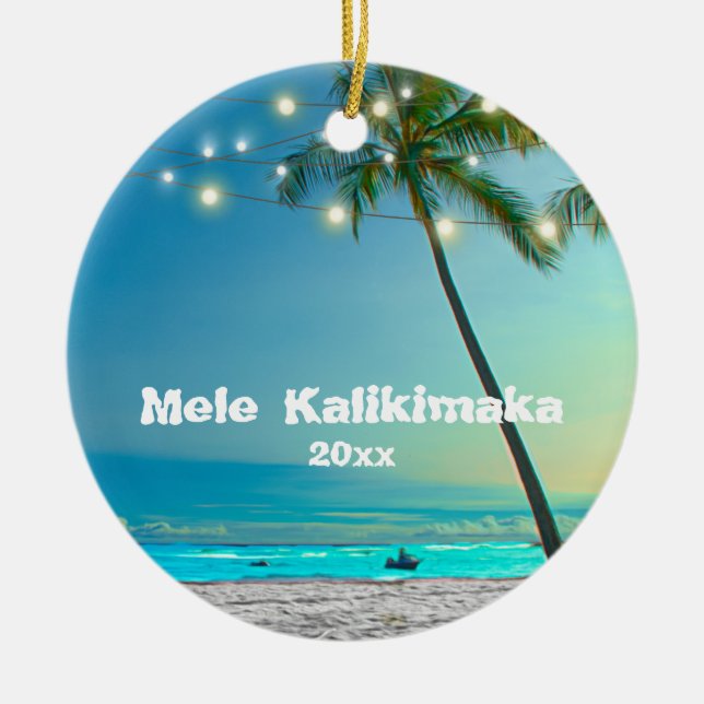 Ornamento De Cerâmica Hawaii Mele Kalikimaka Foto 2 Palms String Lights (Frente)