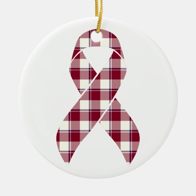 Ornamento De Cerâmica Head and Neck Cancer Awareness Plaid Burgundy (Frente)