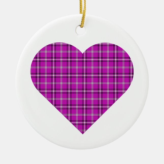 Ornamento De Cerâmica Heart Plaid Pink Purple Black (Frente)