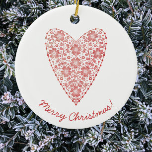 Ornamento De Cerâmica Heart Scandinavian Red White Christmas