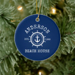 Ornamento De Cerâmica Helm Blue - Corda de Âncora Náutica da Beach House<br><div class="desc">Ancoragem Náutica Corda Corda Família Helm Nome da Casa de praia Marinho Blue Ornament</div>