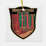 Ornamento De Cerâmica Hendy Woods State Park California Crachá Vintage<br><div class="desc">A ilustração do Parque Estadual de Hendy Woods no estilo do crachá.</div>