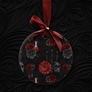 Ornamento De Cerâmica Henna Zodiac Magic   Rosas do crânio vermelho Po