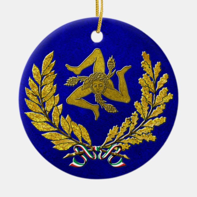 Ornamento De Cerâmica Herança siciliano de Trinacria no ouro no azul (Frente)