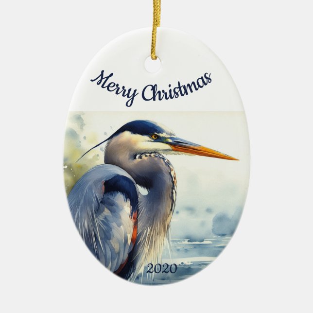 Ornamento De Cerâmica Herão Azul do Excelente de Aquarela com Data de Na (Frente)