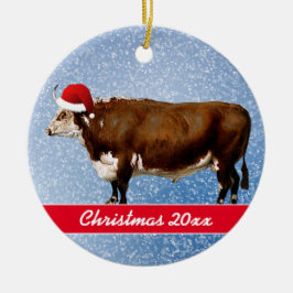Ornamento De Cerâmica Hereford Bull e Santa Hat