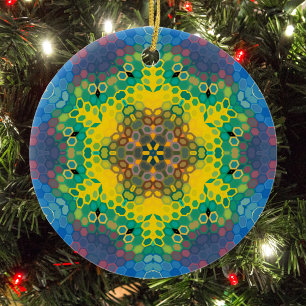 Ornamento De Cerâmica Hex Mandala Amarelo Azul e Rosa