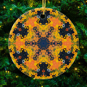 Ornamento De Cerâmica Hex Mandala Amarelo e Laranja