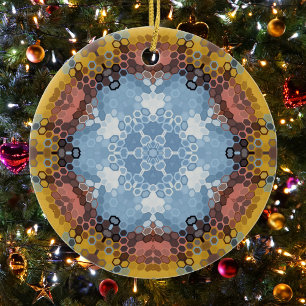Ornamento De Cerâmica Hex Mandala Blue Amarelo e Rosa