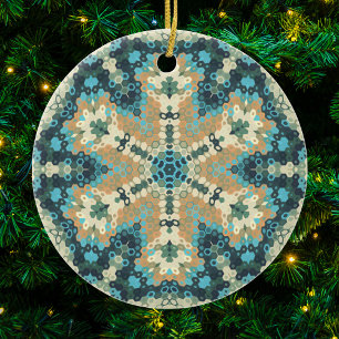 Ornamento De Cerâmica Hex Mandala Blue e Orange