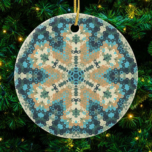 Ornamento De Cerâmica Hex Mandala Blue e Orange (Blue and Orange Hexagon Mandala Onament by Wormhole Orbital)