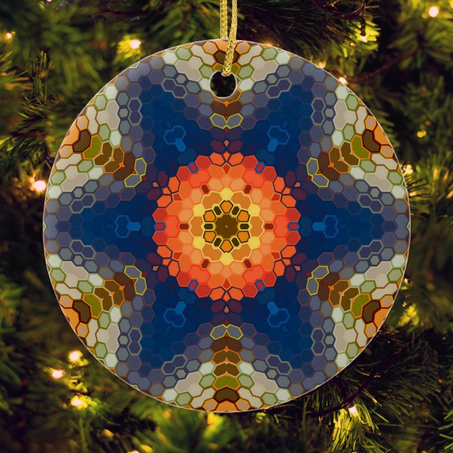 Ornamento De Cerâmica Hex Mandala Blue Orange e Red (Blue Orange and Red Hexagon Mandala Christmas Ornament from Wormhole Orbital)