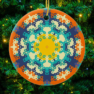 Ornamento De Cerâmica Hex Mandala Blue Orange e Yellow