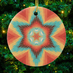 Ornamento De Cerâmica Hex Mandala Orange Blue e Amarelo