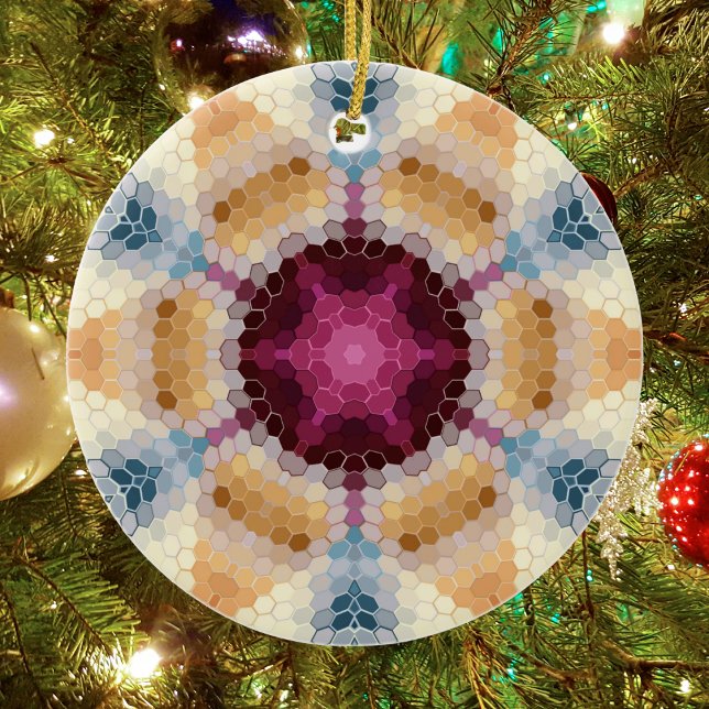 Ornamento De Cerâmica Hex Mandala Orange Pink e Blue (Orange Pink and Blue Hexagon Mandala Christmas Ornament from Wormhole Orbital)