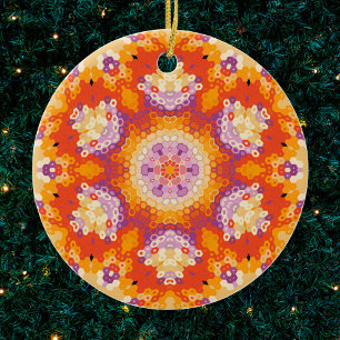 Ornamento De Cerâmica Hex Mandala Orange Purple e White