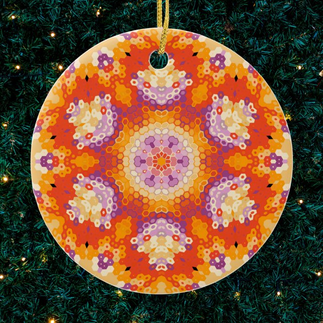 Ornamento De Cerâmica Hex Mandala Orange Purple e White (Orange Purple and White Hexagon Mandala Ornament by Wormhole Orbital)