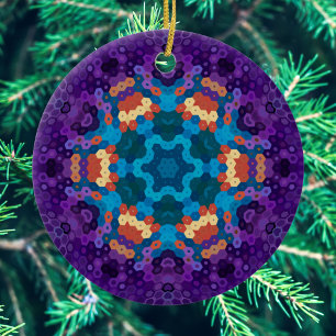 Ornamento De Cerâmica Hex Mandala Purple Blue e Orange