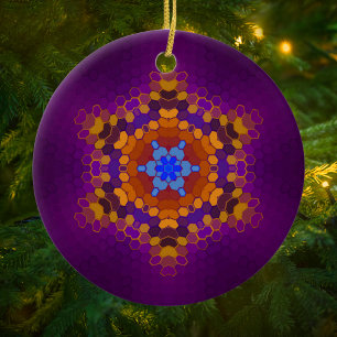 Ornamento De Cerâmica Hex Mandala Purple Orange e Blue