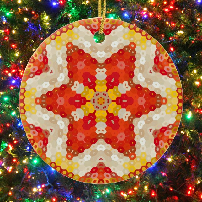 Ornamento De Cerâmica Hex Mandala Red e Yellow (Red and Yellow Hexagon Mandala Ornament from Wormhole Orbital)