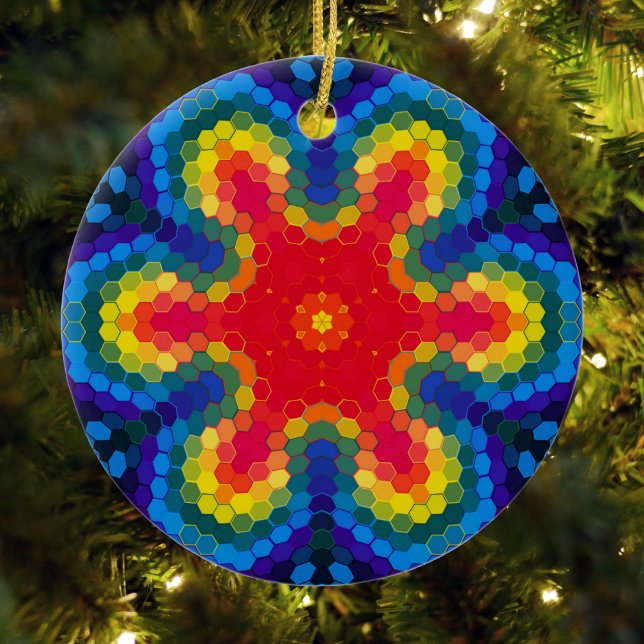 Ornamento De Cerâmica Hex Mandala Red Yellow e Blue (Red Yellow and Blue Hexagon Mandala Ornament from Wormhole Orbital)
