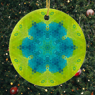 Ornamento De Cerâmica Hex Mandala Verde e Azul