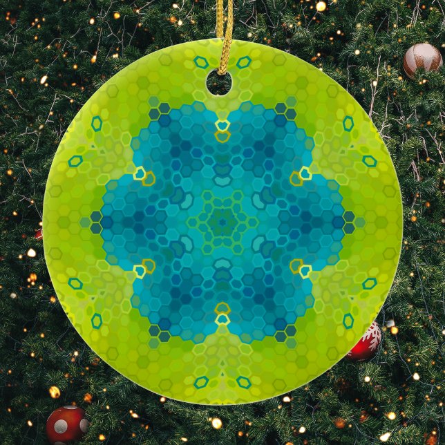 Ornamento De Cerâmica Hex Mandala Verde e Azul (Green and Blue Hexagon Mandala Christmas Ornament from Wormhole Orbital)